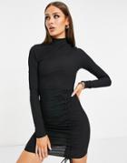 Missguided High Neck Mini Dress With Ruched Front In Black
