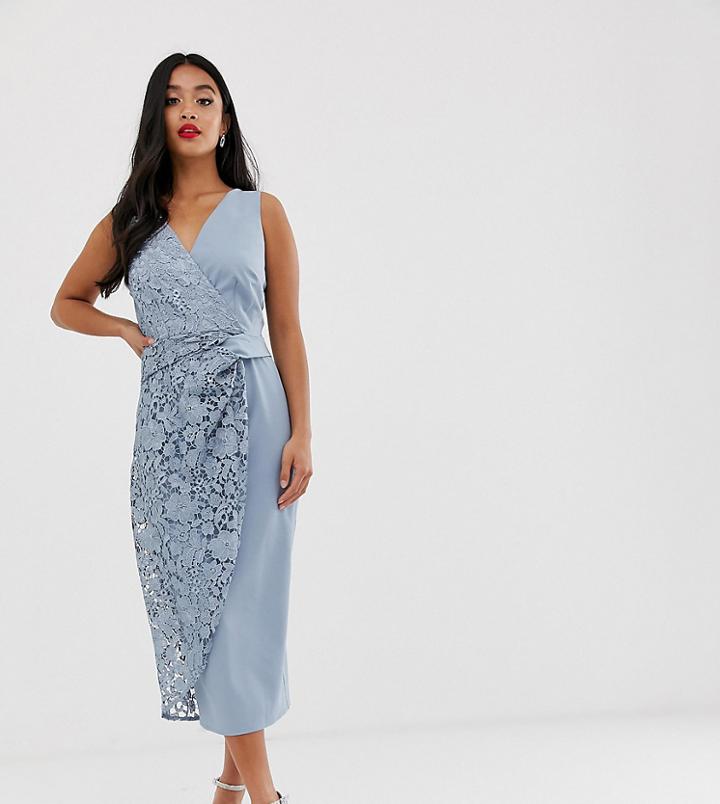 Little Mistress Petite Wrap Pencil Midi Dress With Lace Detail-blue