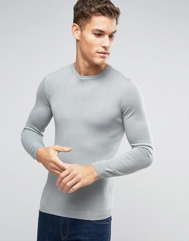 Asos Muscle Fit Cotton Crew Neck Sweater In Gray - Gray