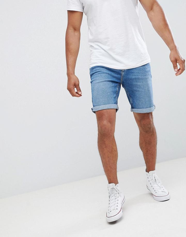 Mango Man Denim Shorts In Mid Blue - Blue