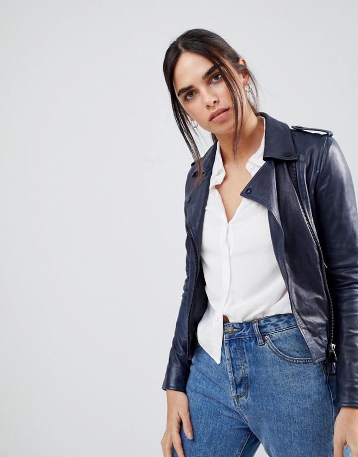 Barney's Originals Aanabelle Leather Biker Jacket - Navy