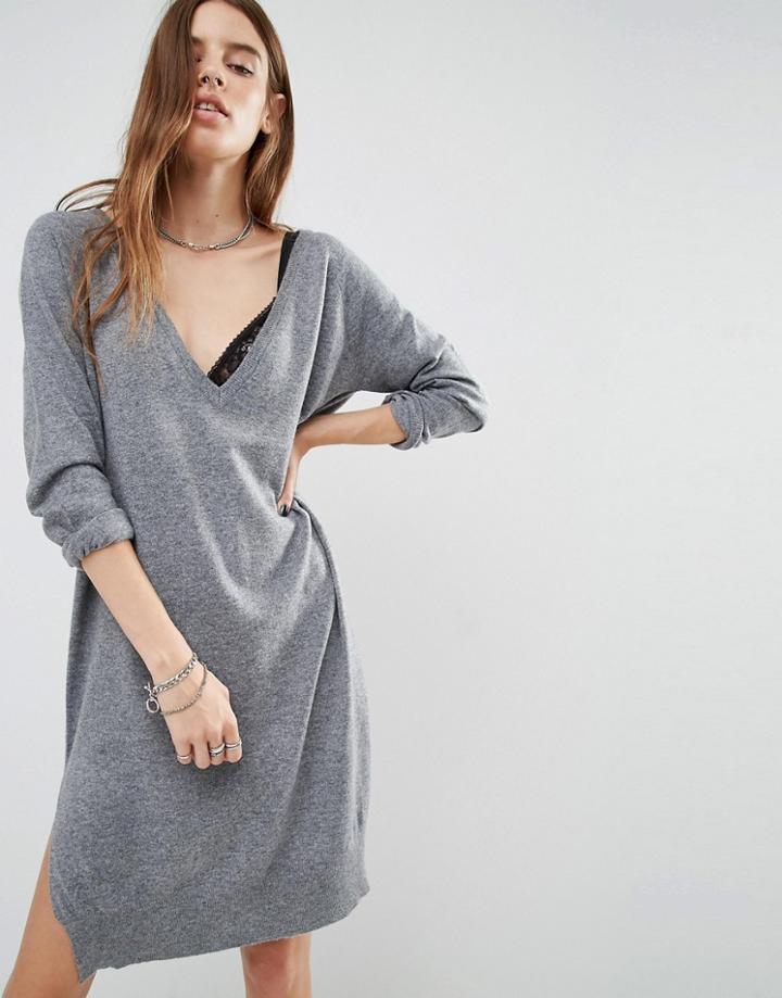 Noisy May Deep V Neck Knit Dress - Gray