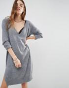 Noisy May Deep V Neck Knit Dress - Gray