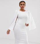 Boohoo Petite Bodycon Midi Dress With Cape Sleeves In White - White