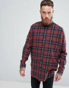Asos Oversized Longline Acid Wash Check Shirt With Grandad Collar And Drop Shoulder - Red