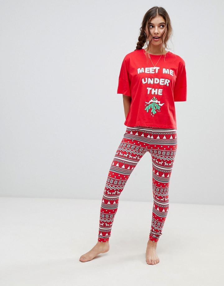 Asos Design His & Hers Christmas Meet Me Under The Mistletoe Boxy Tee And Legging Pyjama Set - Red