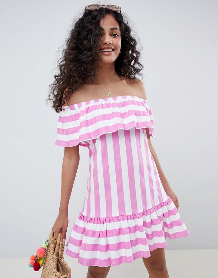 Asos Design Off Shoulder Sundress With Ruffle Hem In Deckchair Stripe - Multi