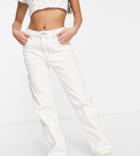 Bershka Petite Contrast Seam Carpenter Cargo Straight Leg Jeans In Off White