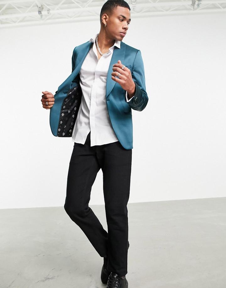 Twisted Tailor Suit Jacket With Wide Shawl Lapel In Green Satin