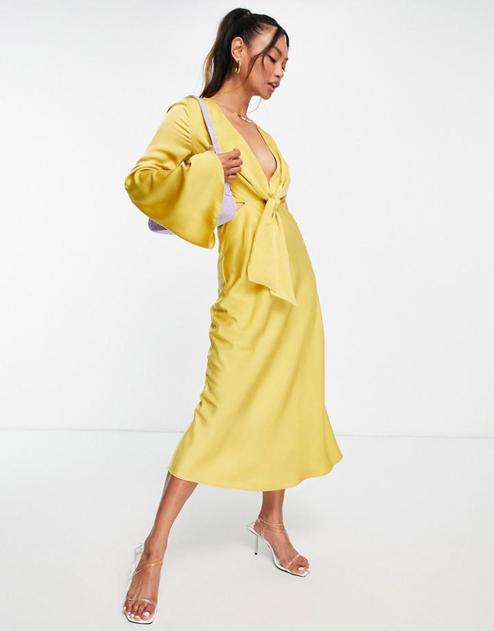 Asos Design Tie Front Satin Midi Dress With Flared Sleeve And Cut Out Side In Yellow