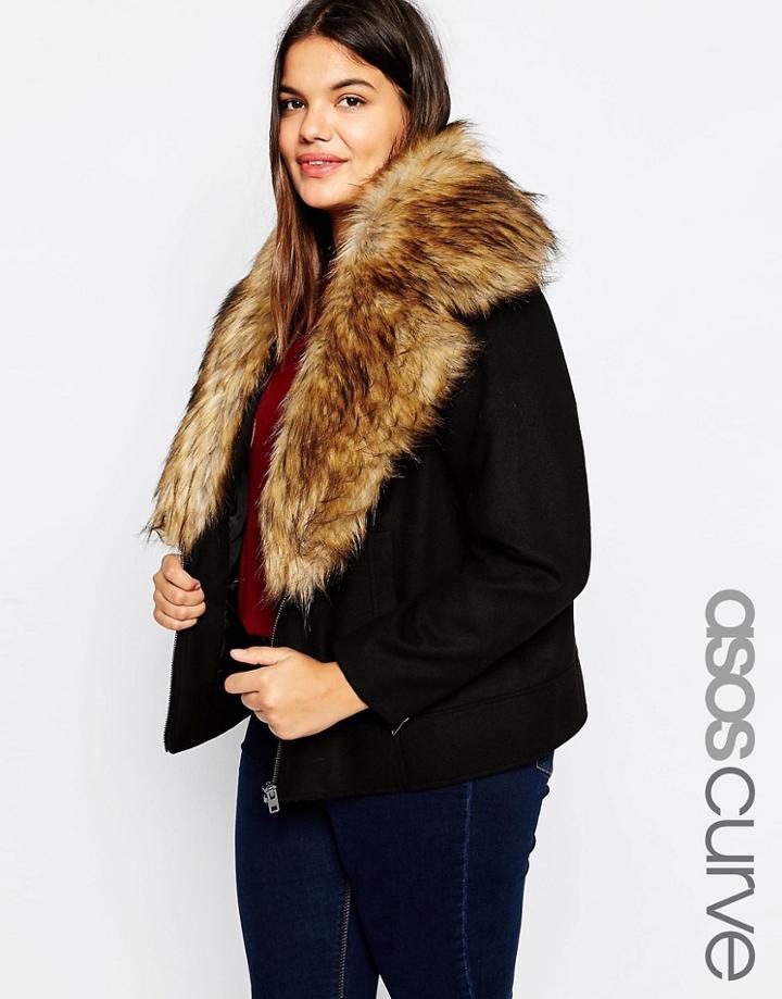 Asos Curve Jacket In Wool With Oversized Faux Fur Collar - Black