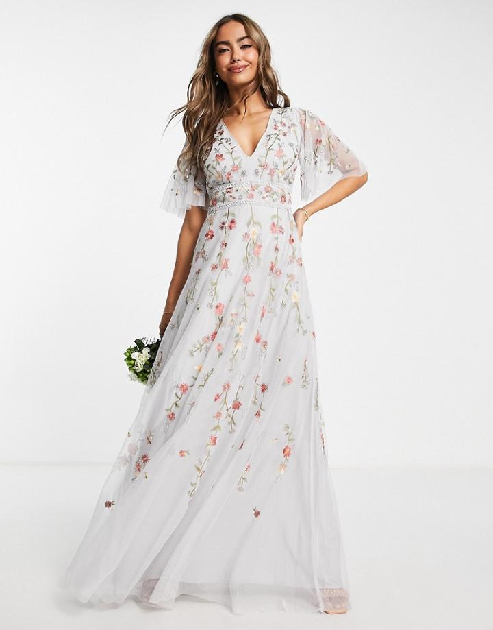Asos Design Bridesmaid Floral Embroidered Flutter Sleeve Maxi Dress With Embellishment In Soft Blue