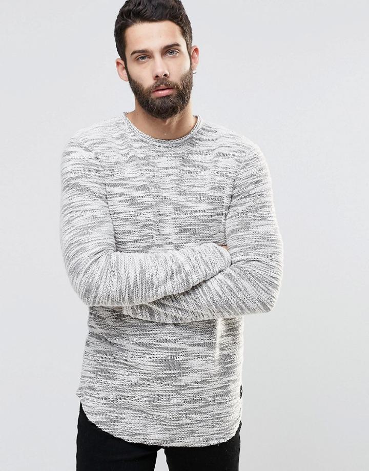 Only And Sons Crew Neck Slub Yarn Knitted Sweater With Curved Hem - White