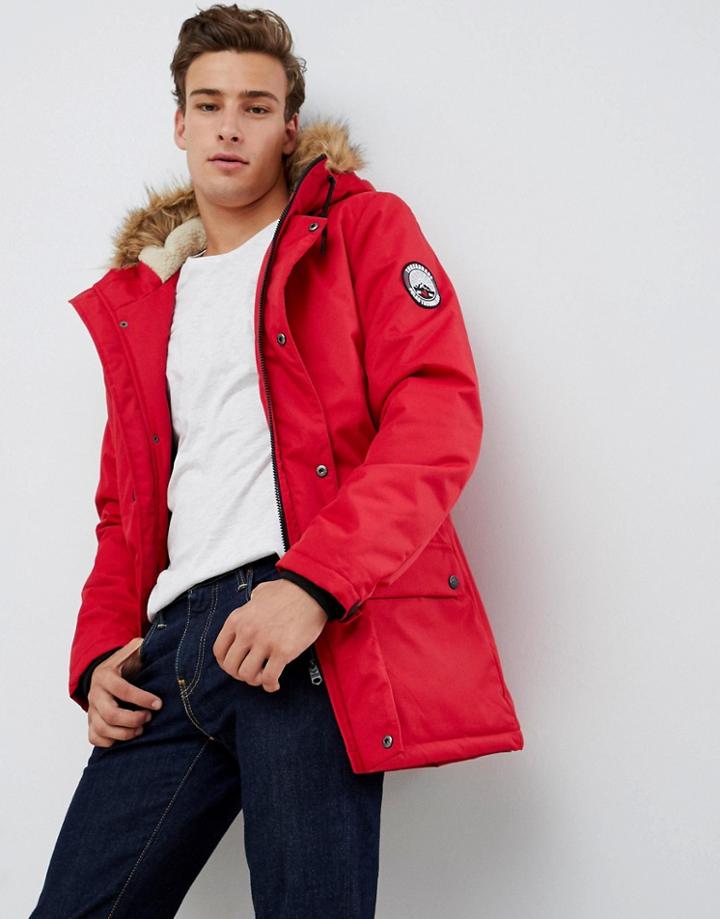 Threadbare Parka Coat With Faux Fur Trim Hood-red