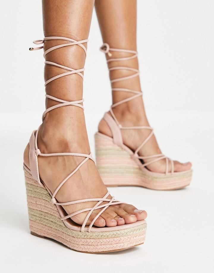 Asos Design Tibby Tie Leg High Wedges In Beige-neutral