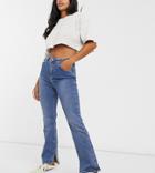 Asos Design Petite High Rise '00s Stretch Flare Jeans In Midwash-blues