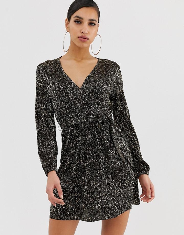 Asos Design Mini Wrap Dress In Gold Spot Plisse-multi