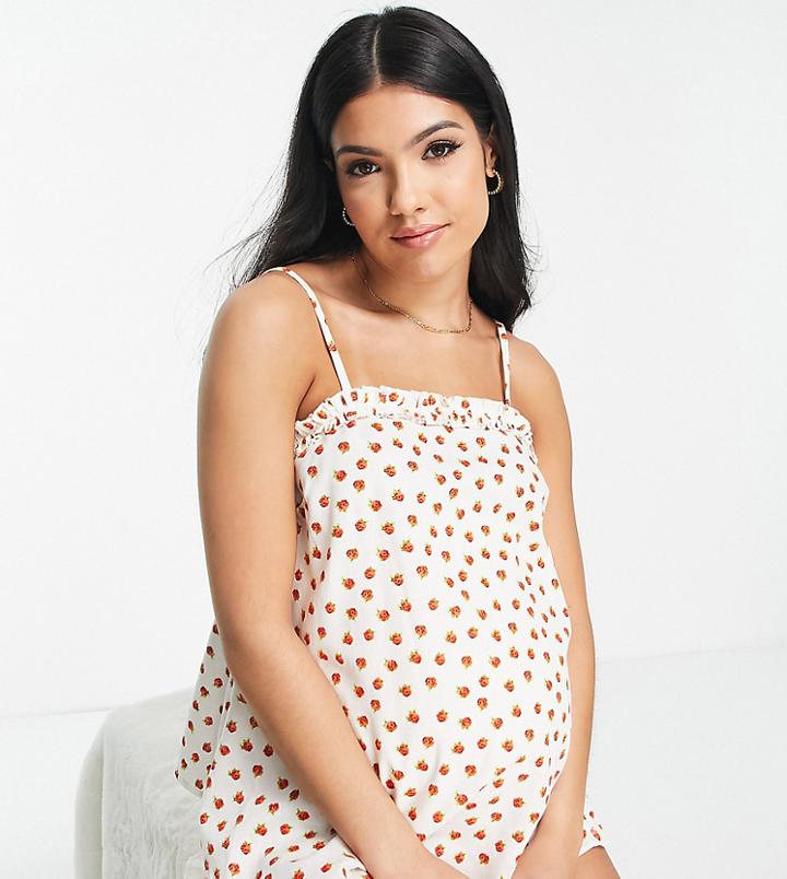 Asos Design Maternity Linen Floral Cami & Shorts With Frill Pajama Set In Cream & Red-white