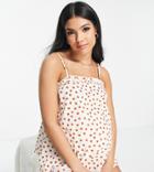 Asos Design Maternity Linen Floral Cami & Shorts With Frill Pajama Set In Cream & Red-white