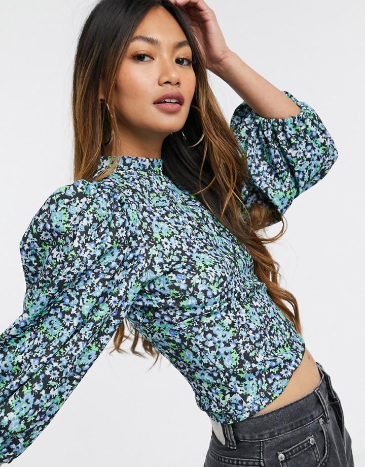 Asos Design Volume Puff Sleeve Blouse With High Neck In Floral-multi