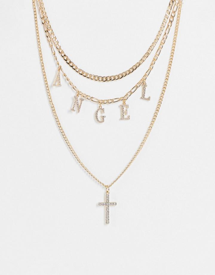Asos Design Multirow Necklace With Angel And Cross Pendants In Gold Tone