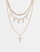 Asos Design Multirow Necklace With Angel And Cross Pendants In Gold Tone