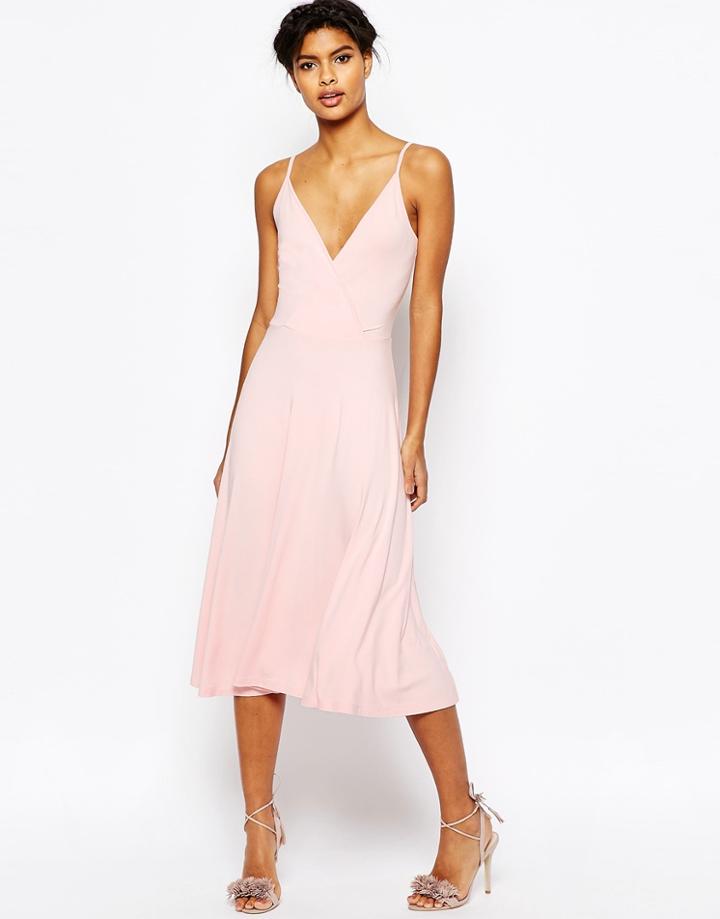 Asos Strappy Back Wrap Front Midi Skater Dress - Nude