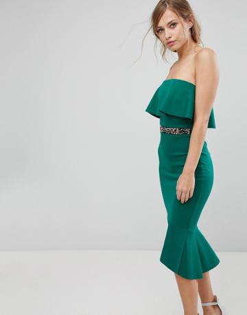 Silver Bloom Scuba Frilled Bodycon Asymmetric Hem - Green