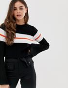 Prettylittlething Cropped Sweater With Flared Sleeve And Stripe Detail In Black - Black