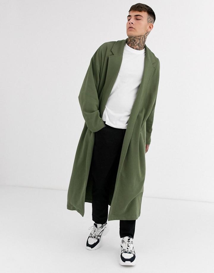Asos Design Extreme Oversized Longline Jersey Duster Jacket In Khaki-green
