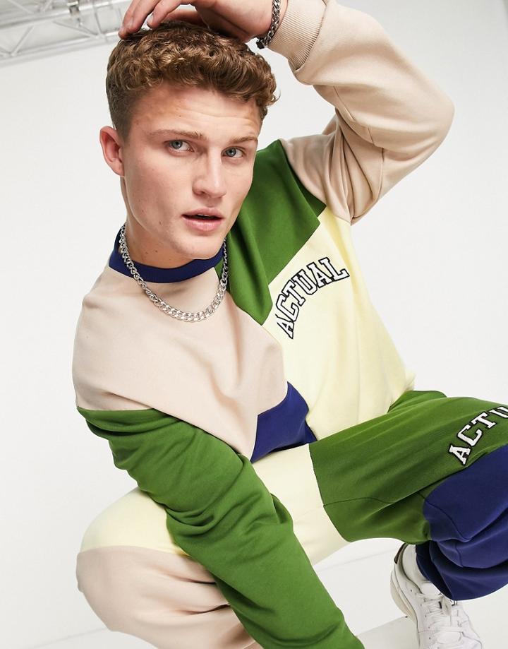Asos Actual Set Oversized Sweatshirt In Color Block With Logo Print In Beige-neutral