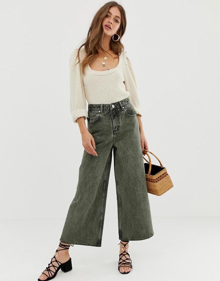 Asos Design Premium Wide Leg Jeans In Washed Khaki - Green