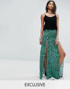 Rokoko Chiffon Maxi Skirt With Splits In Leopard - Green