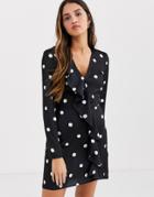 Nobody's Child Wrap Dress With Ruffle Front In Polka Dot-multi
