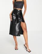 Asos Design Faux Leather Bow Detail Midi Skirt In Black