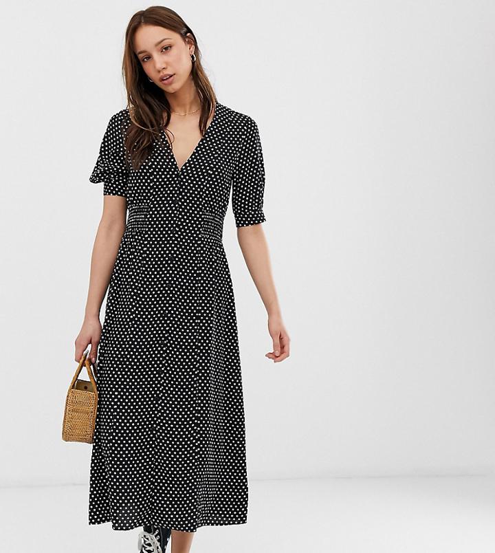 Asos Design Tall Button Through Midi Tea Dress With Shirred Waist In Mono Polka Dot-multi