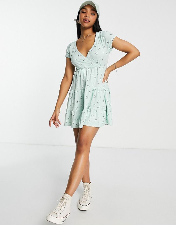 Hollister Ditsy Print Tiered Mini Dress In Mint Green