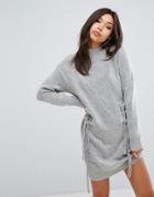 Prettylittlething Tie Up Detail Sweater Dress - Gray