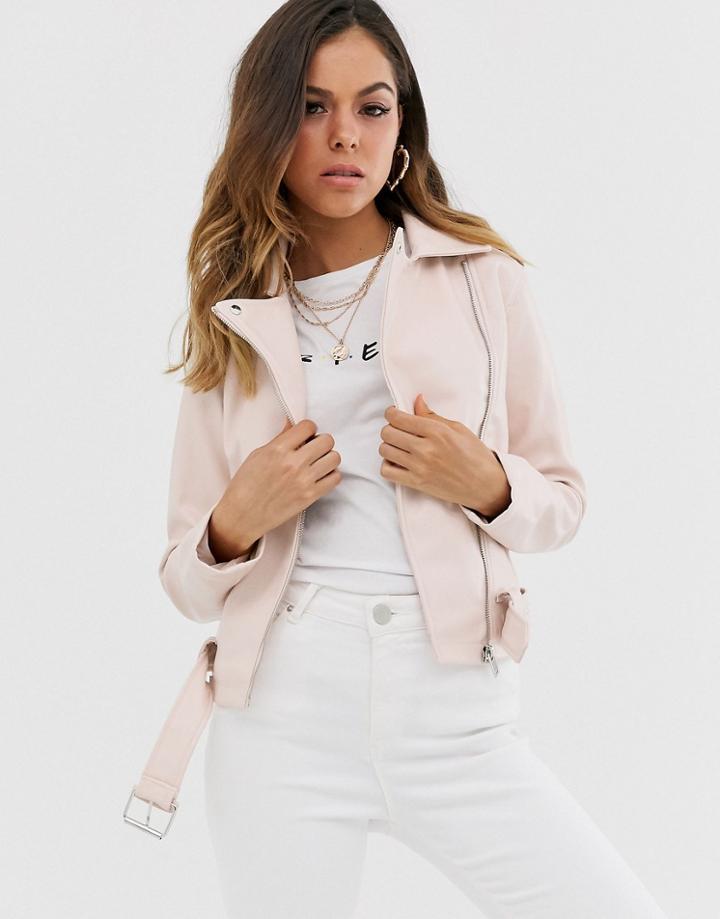 New Look Pu Biker Jacket In Soft Pink-tan