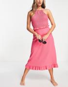 River Island Shirred Bodice Midi Beach Dress In Bright Pink