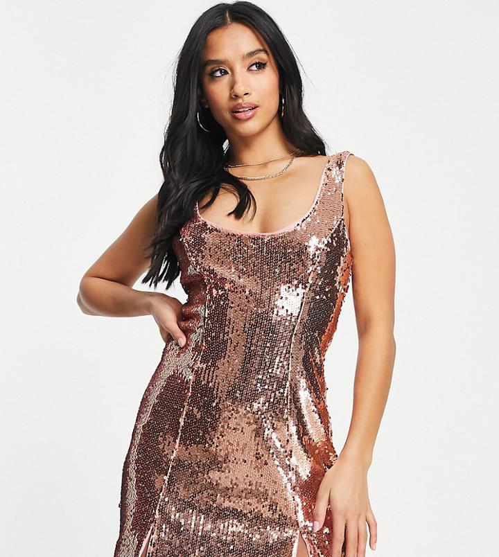 Asos Design Petite Sequin Scoop Mini Dress-pink