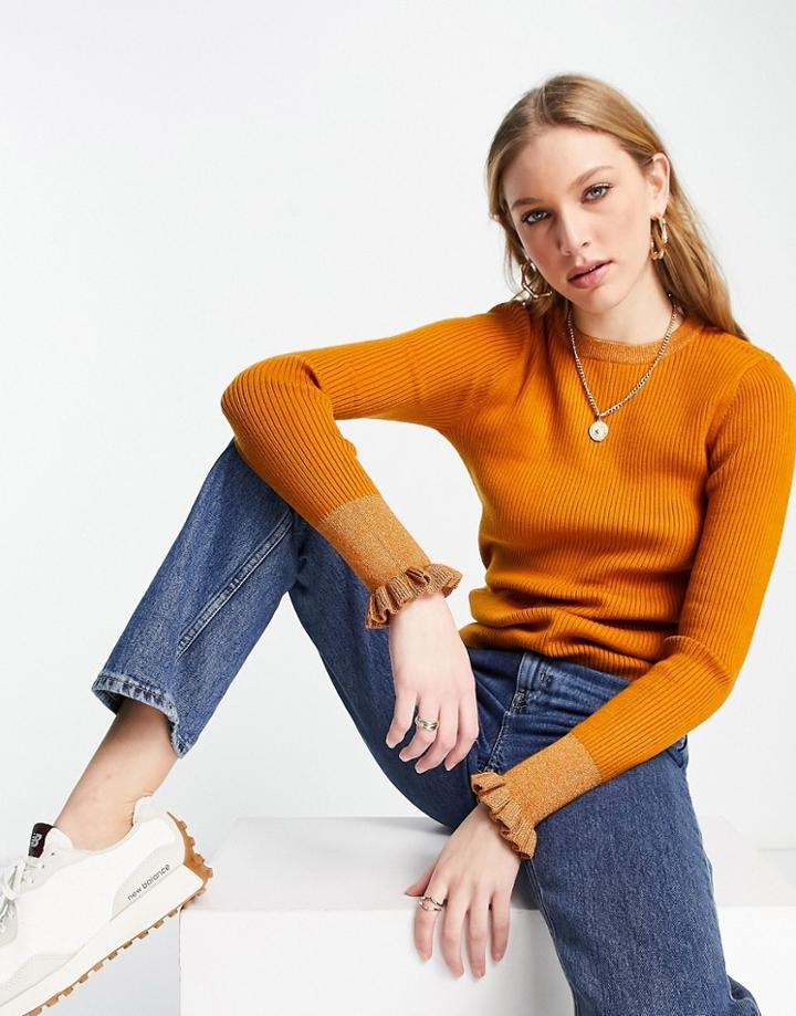 Selected Femme Knitted Sweater With Glitter Frill Sleeves In Orange