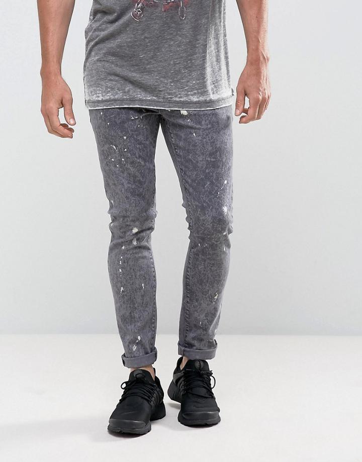 Asos Super Skinny Jeans In Black Acid Wash With Bleach Splatter - Black