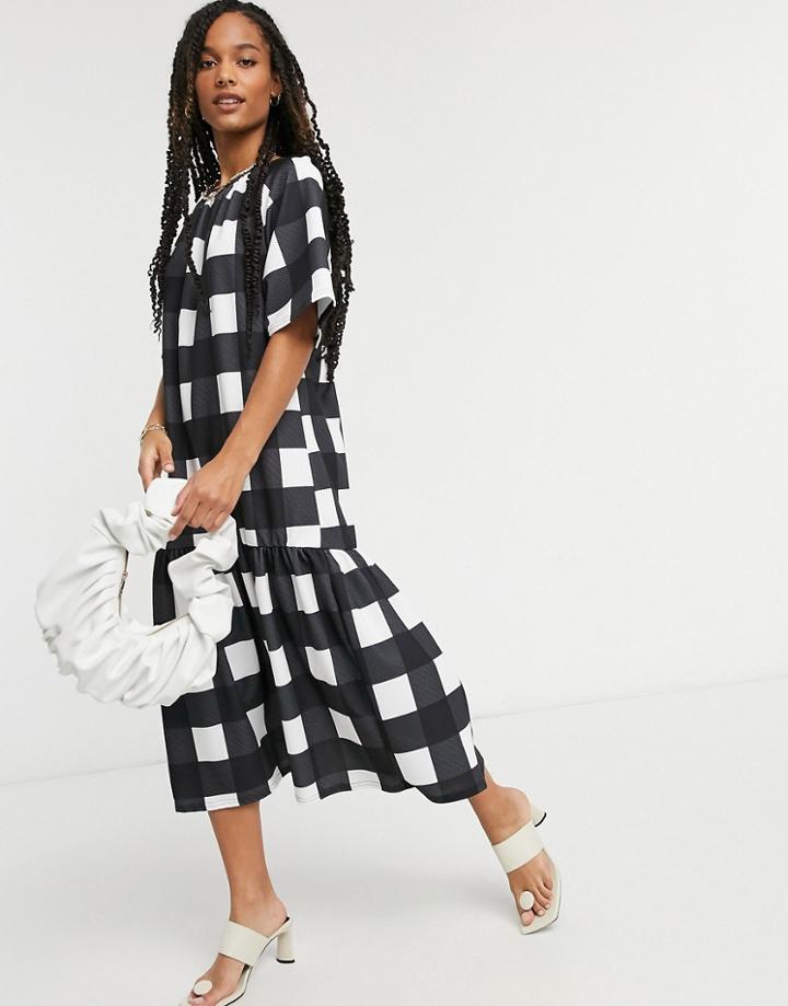 Asos Design Midi Dress With Pep Hem In Oversized Black And White Check Print