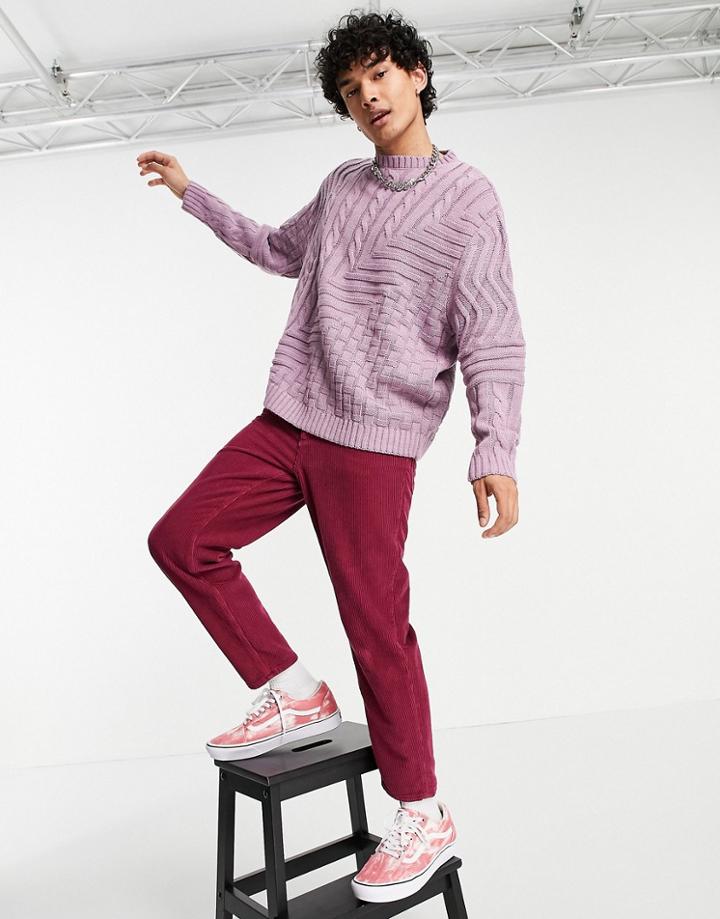 Asos Design Knit Sweater With Cable Patchwork In Pale Purple