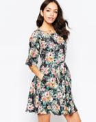Closet Wide Sleeve Dress With Pockets In Tropical Print - Multi