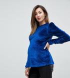 Asos Maternity Top In Velvet With Ruched Sleeves - Blue