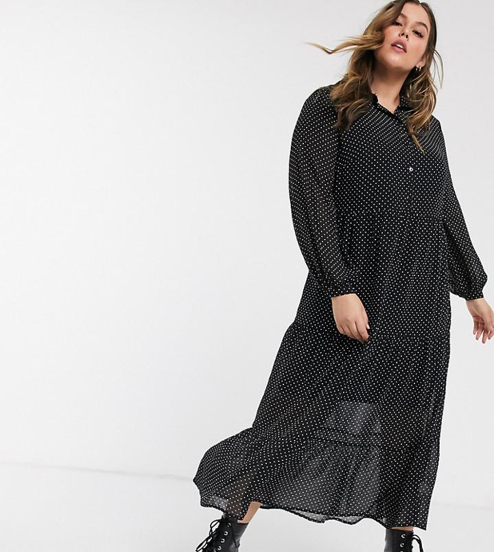 New Look Curve Tiered Shirt Dress In Black Polka Dot