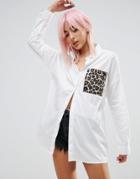 Noisy May Shirt With Leopard Print Pocket Detail - White