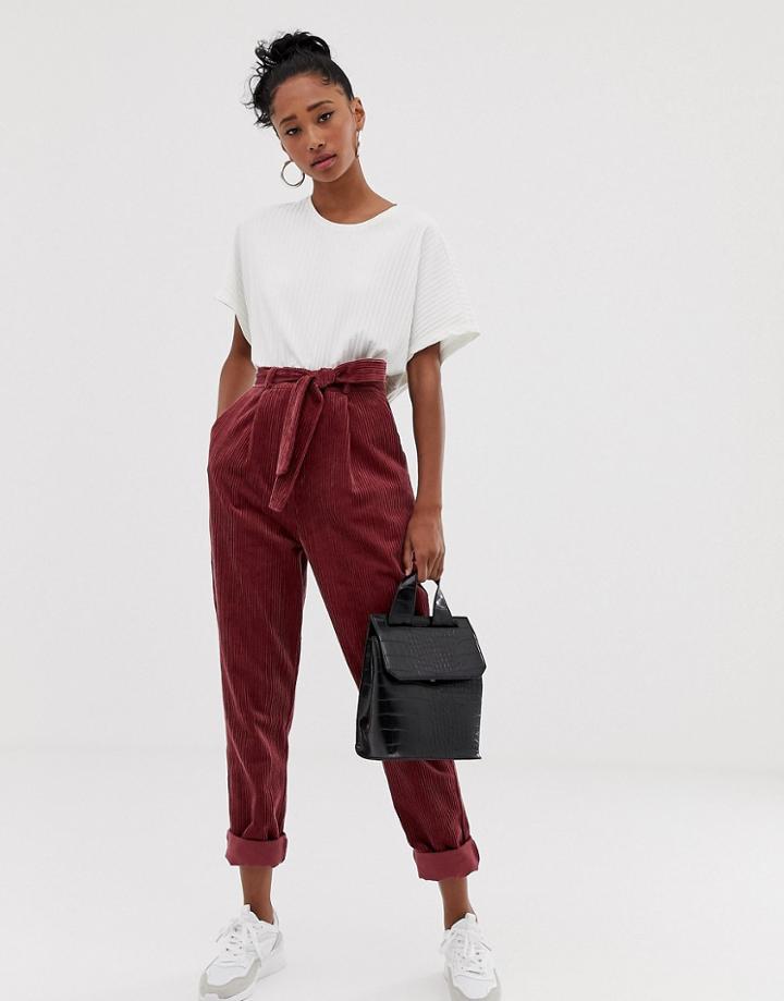 Asos Design Tapered Tie Waist Pants In Jumbo Cord-pink